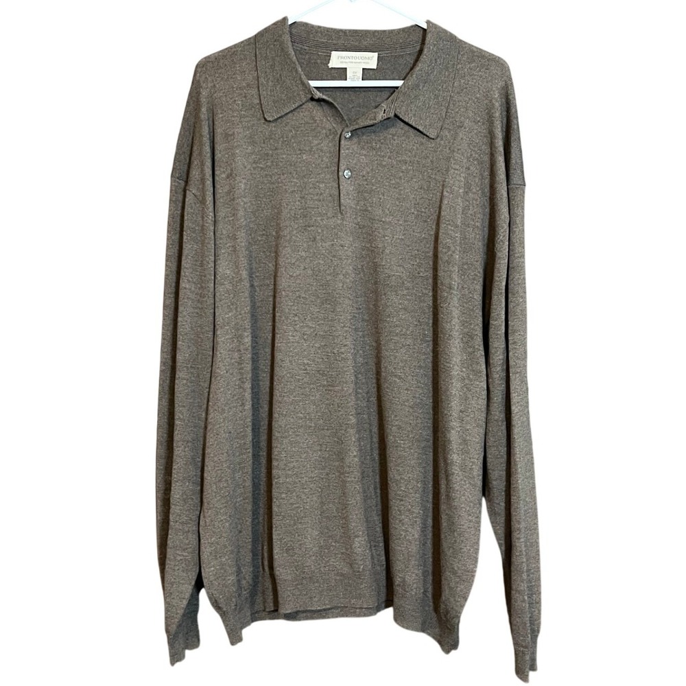 Pronto Uomo Mens 2X Brown 100% Extra Fine Merino Wool Long Sleeve Polo Sweater